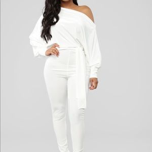 White velvet off the shoulder jumpsuit